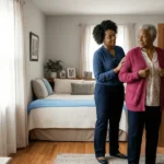 caregiver assisting woman with dressing.