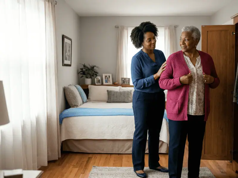 caregiver assisting woman with dressing.