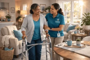 caregiver assisting woman with ms