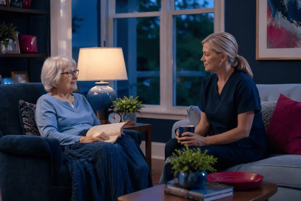 caregiver attentively watching woman