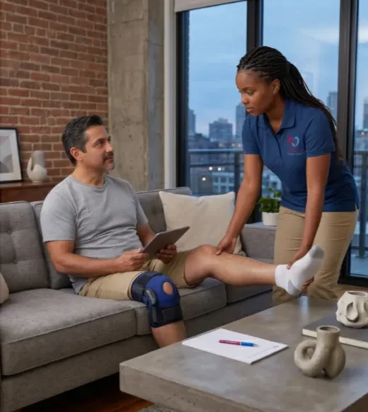 caregiving for male adult wearing knee brace