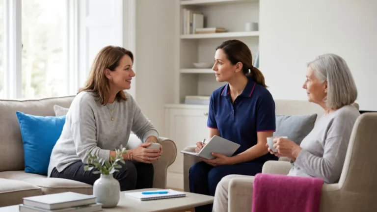 caregiver discussing care with older adult's daughter.
