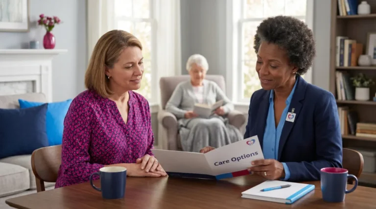 caregiver and adult daughter of older adult reviewing options