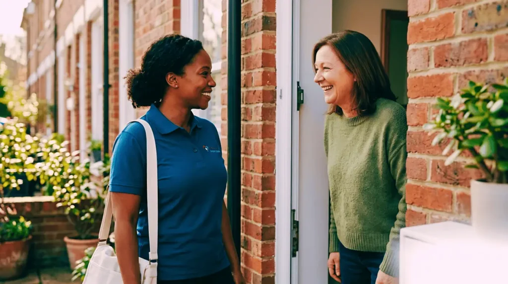woman greeting caregiver at front door