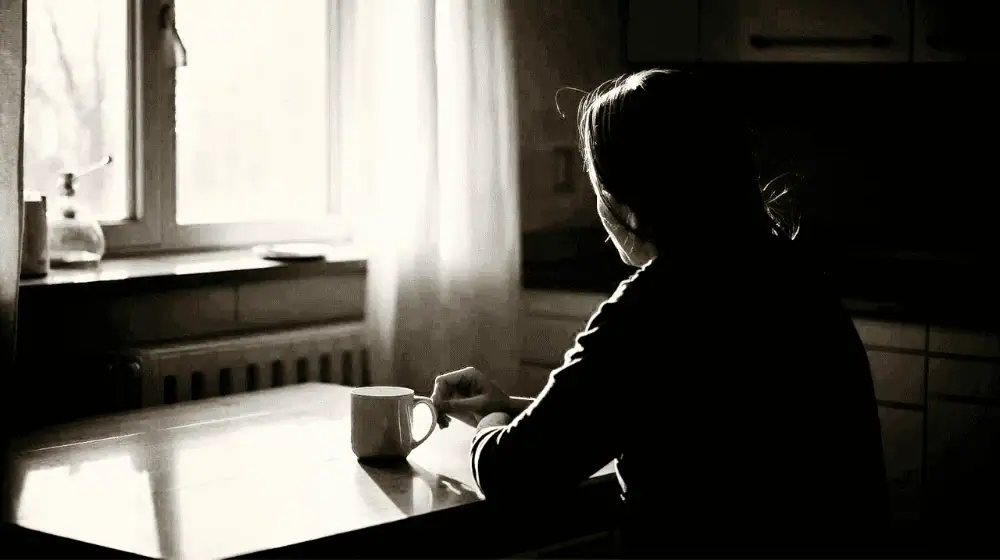 woman sitting at table with back to camera