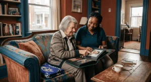 caregiver looking at photos with alzheimer's client