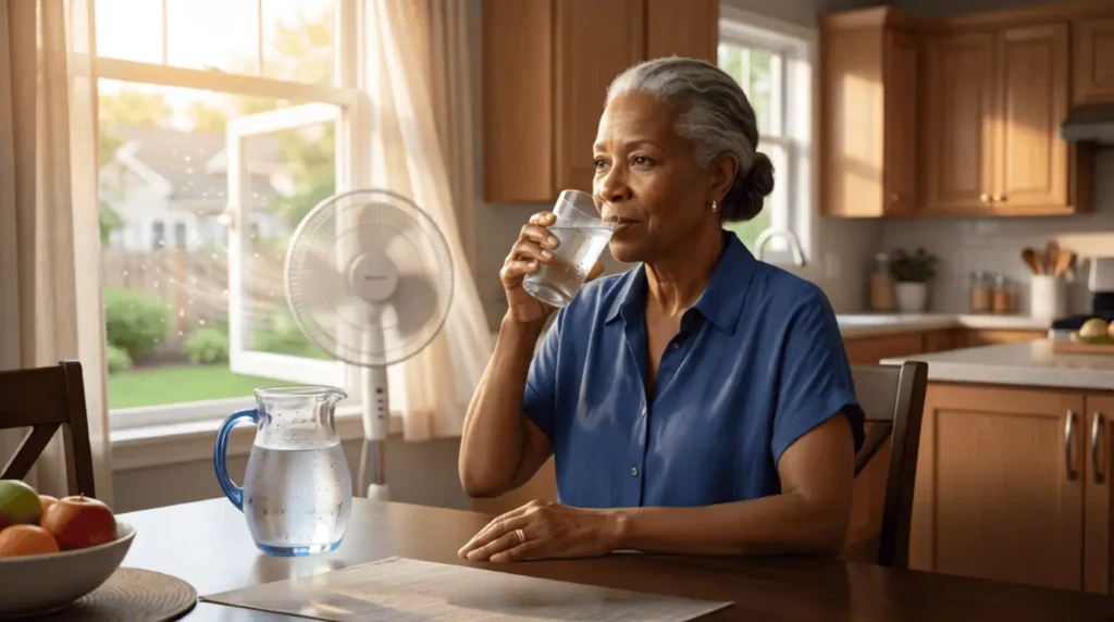 client sipping water at kitchen table
