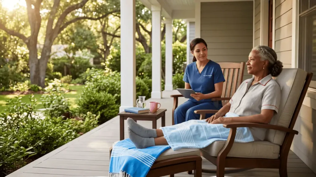 client sitting on porch with caregiver
