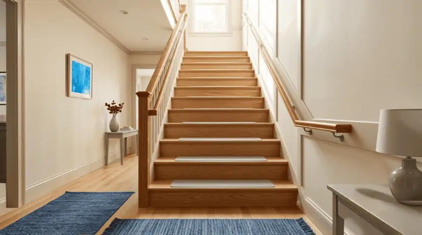 well-lit stairs and hallway