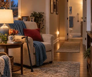 Living room with a cane, nightlight, clear walkway and bathroom grab bars for fall safety at home.